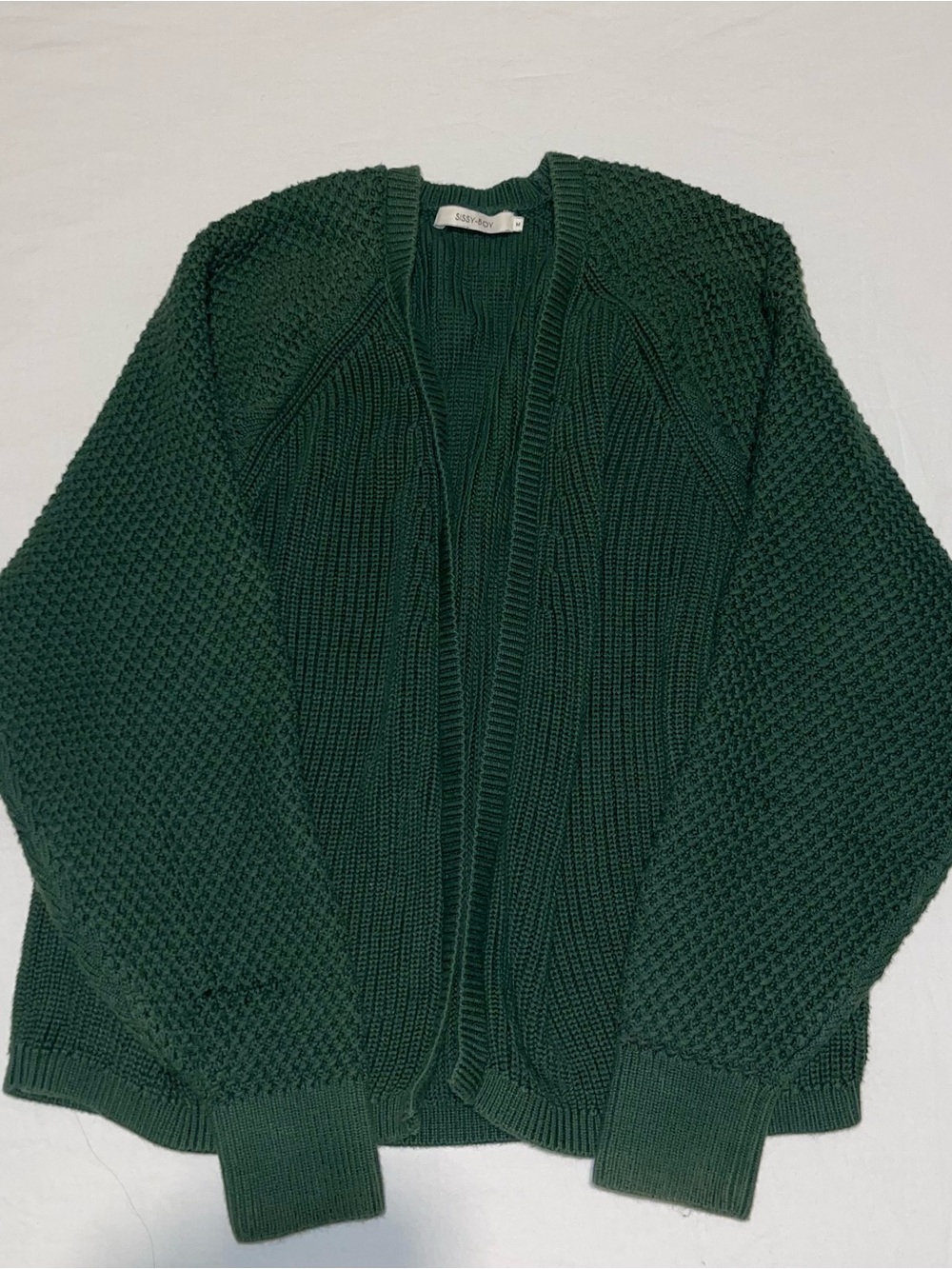 Dark Green Cotton Open-Front Knit Women's Sweater